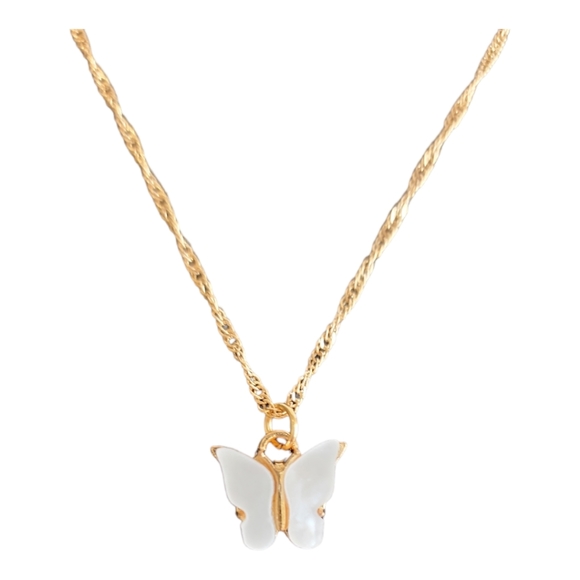 Gold Tone White Butterfly Pendant Necklace - Picture 5 of 11